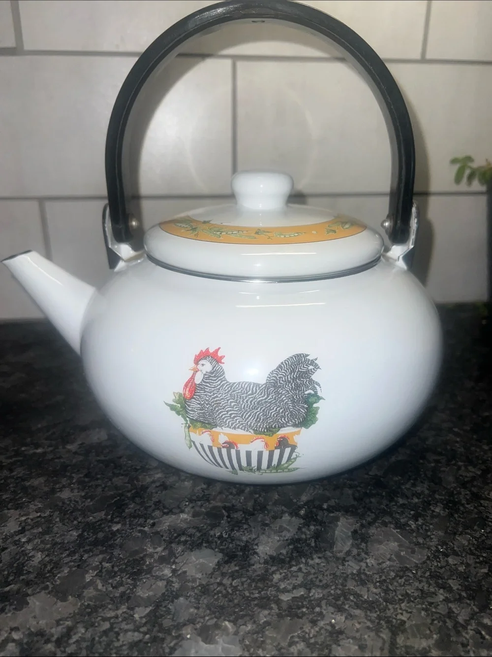 White Ceramic Teapot with Rooster Motif and Black Handle. Looks new without tags